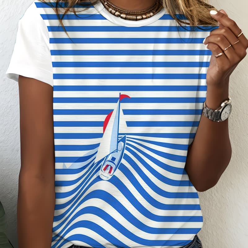 

Spring and summer 3D landscape print round neck T-shirt casual short-sleeved T-shirt S