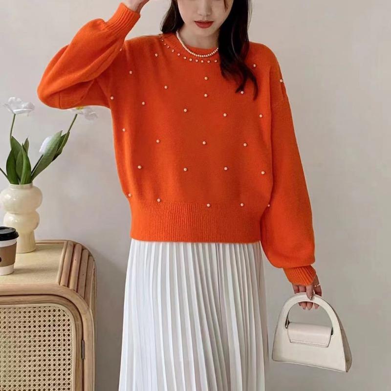 

Женский свитер с круглым вырезом, новый осенне-зимний дизайн, с открытыми плечами, жемчужный, свободный, универсальный трикотажный свитер-топ One Size оранжевый