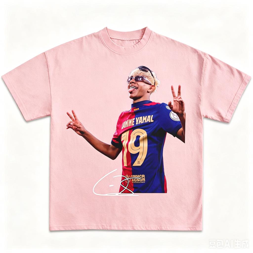 Lamine Yamal Nr. 19 Handtekening Portret T-shirt Oversized Katoen Voetbalfan T-shirt