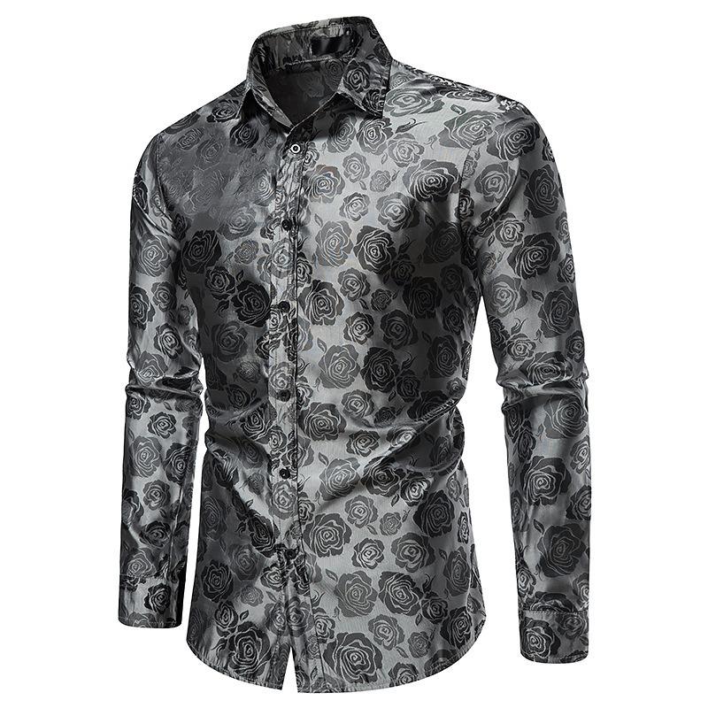 Heren S Lange Mouw Rozenprint Slim Fit Casual Shirt