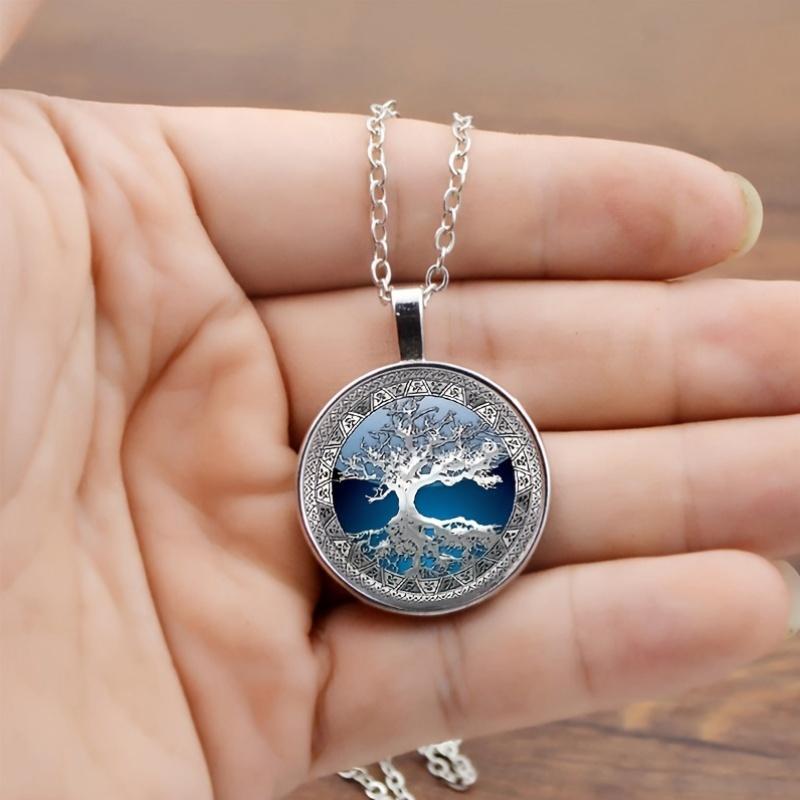 Featuring a Blue Tree of Life Design In a Round Glass Pendant Necklace, Perfect As a Creative Gift for  Men And Women.