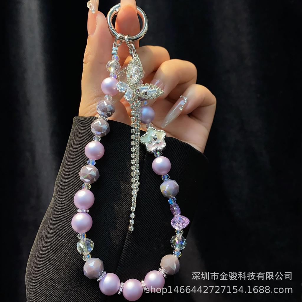 Crystal Phone Chain Cute Bunny Ears Rhinestone Tassel Hanging Chain Frosted Pearl Chain Rope Sweet Cool Phone Pendant Alloy