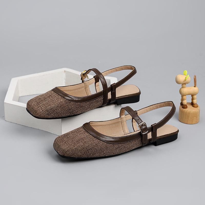 Spring New Woven Patchwork Mary Janes Women Elegant Square Toe Ballet Flats Comfortable Shallow Mouth Office Lady Single Shoes
