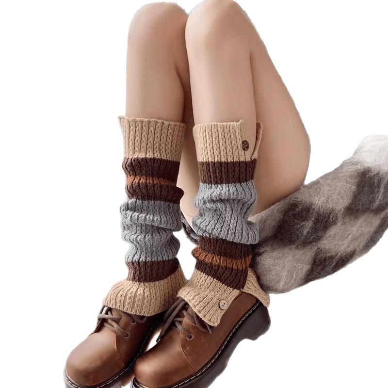 Retro Color-blocked Knitted Hosiery, School Personality, Hot Girl, Striped Slimming, Color-blocking Leg Coverings for Girls