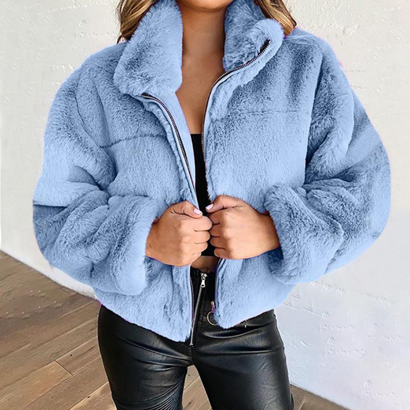 2025 European & American Women's Plush Faux Fur Zipper Cardigan Coat for Autumn & Winter