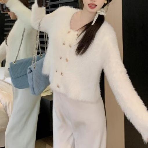 Imitation Mink Fleece Sweater Jacket Women's Spring and Autumn New High-end Short Small Fragrant Knitted Cardigan Top Trendy