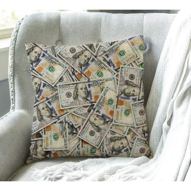 Swono Hundred Dollar Bill Farmhouse Pillow Cover 18x18 Inch Home Decor Cotton Linen Throw Pillow Case Cushion Cover for Sofa Couch