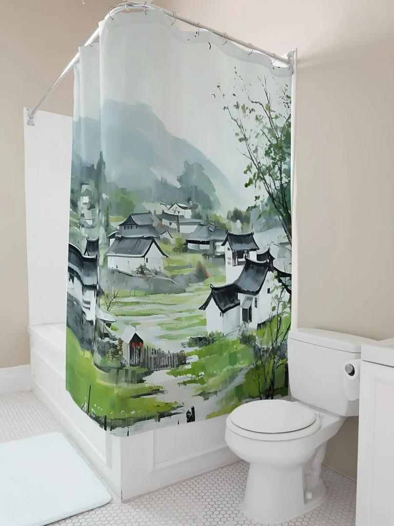 Landscape Shower Curtain With Traditional Chinese Village Artwork - Watercolor Painting Of Serene Countryside Life Waterproof