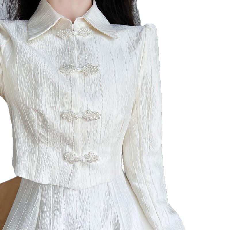 French Chic Two-Piece Qipao Top & Camisole Dress Set for Women - Spring & Autumn High-Waisted Style