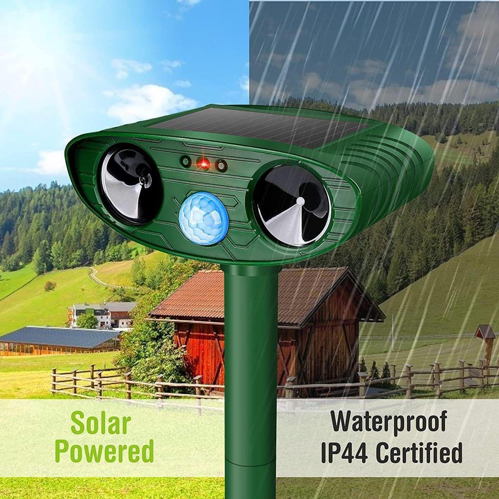 Solar Ultrasonic Animal Repeller with Infrared, Strobe Light & Waterproof Design for Rodents, Cats, and Dogs