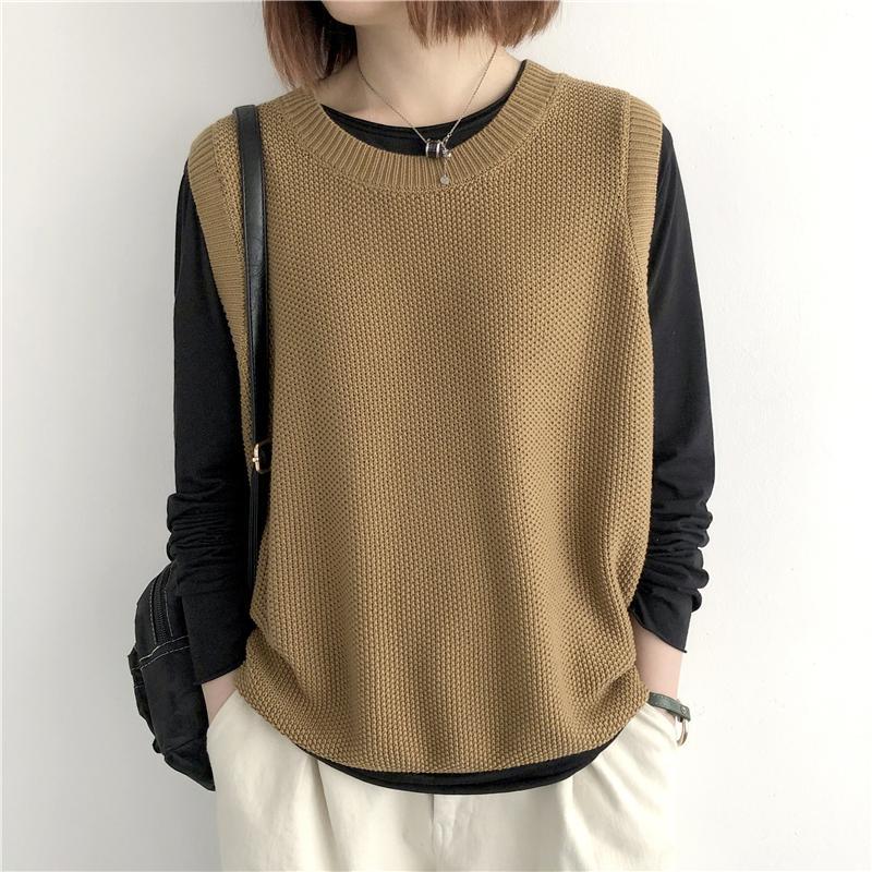 Pevná pletená vesta s výstřihem, ležérní volný svetr bez rukávů, dámské oblečení