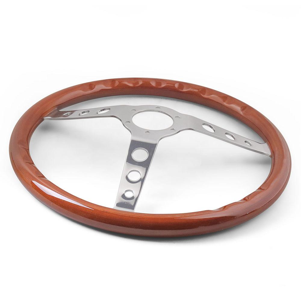 15"/ 380mm Vintage Classic Solid Wood  Steering Wheel  Stainless Steel Spokes w/ Horn Button