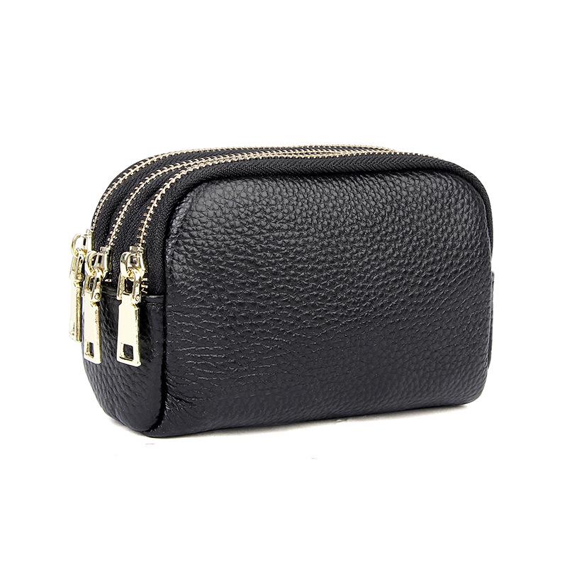 Women's Genuine Leather Three-Zipper Coin and Key Clutch