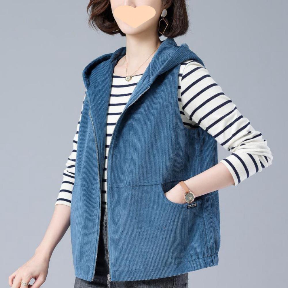 

Повседневный вельветовый короткий жилет с капюшоном для женщин, весенне-осенний жилет для матери среднего возраста XXL синий