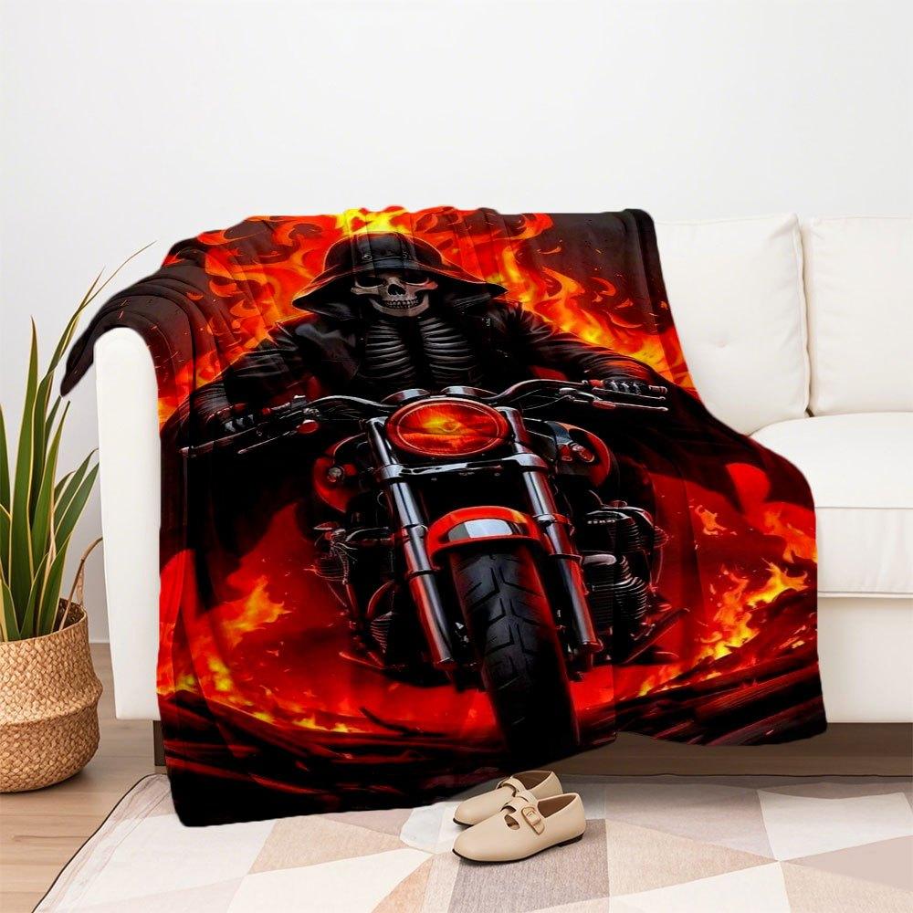 "Skull Biker with Fiery Background Wall Art Print"Blanket Flannel Throw Blanket for Sofa, Bed, Travel, Camping, Office, Couch, Chair, And Be