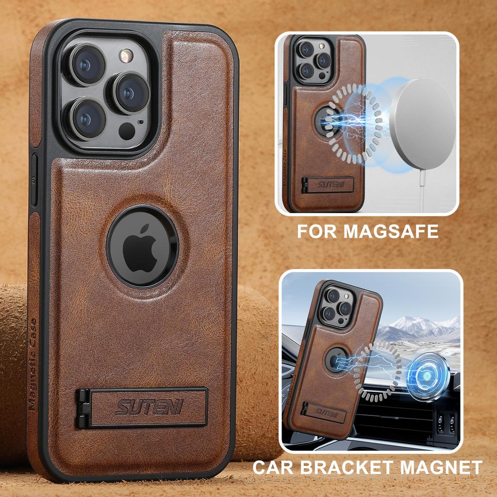 SUTENI G2 For iPhone 15 Pro Magnetic Case Litchi Texture Leather+TPU Cover with Kickstand