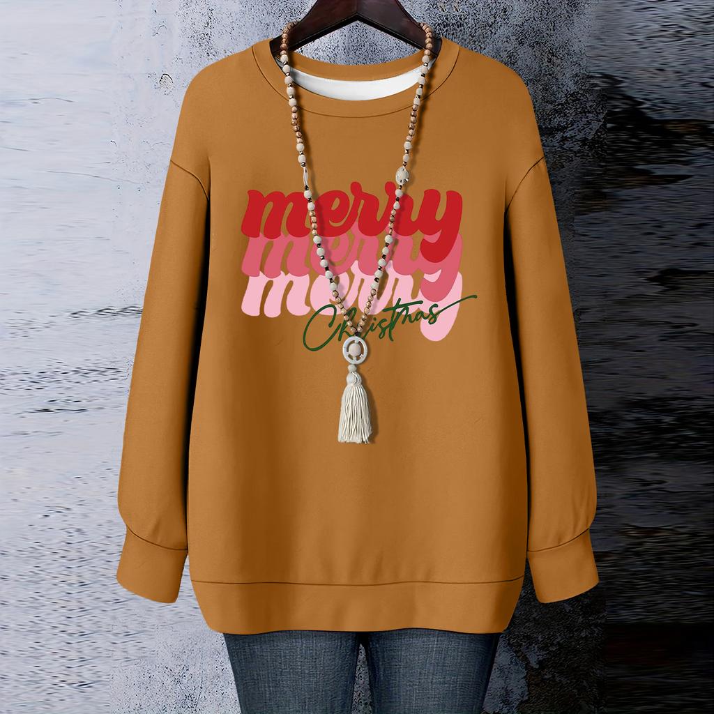 Ladies' Christmas Printed Round Neck Long Sleeved T-shirt Sweatshirt Top