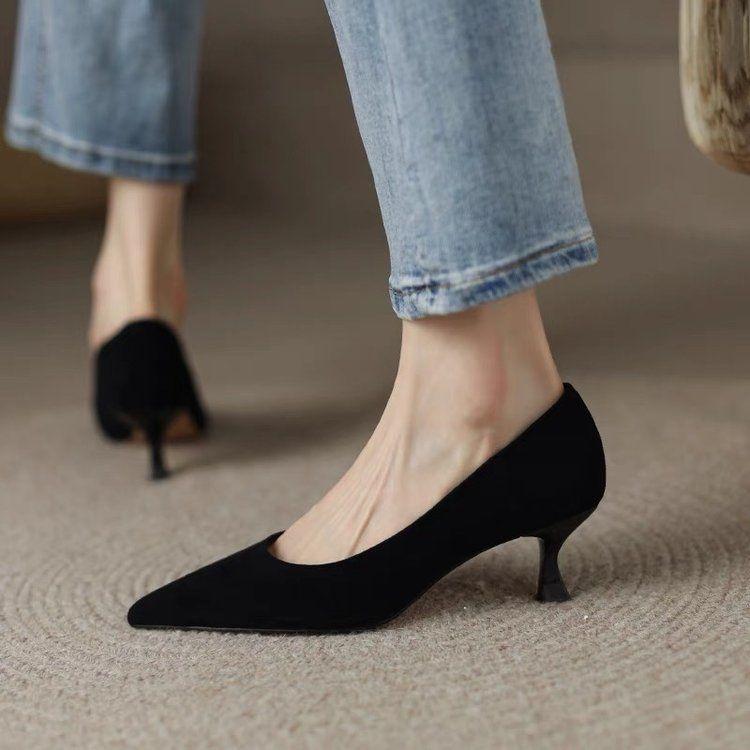 Pointed Small Heel Large Size Women's Shoes Fat Feet Wide Spring 2025 New High Heels Women's Versatile Black Work Shoes