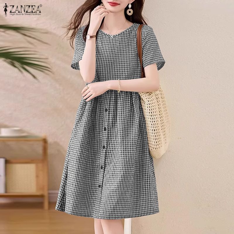 ZANZEA Rochie casual pentru femei, cu gât rotund, mânecă scurtă, imprimeu carouri