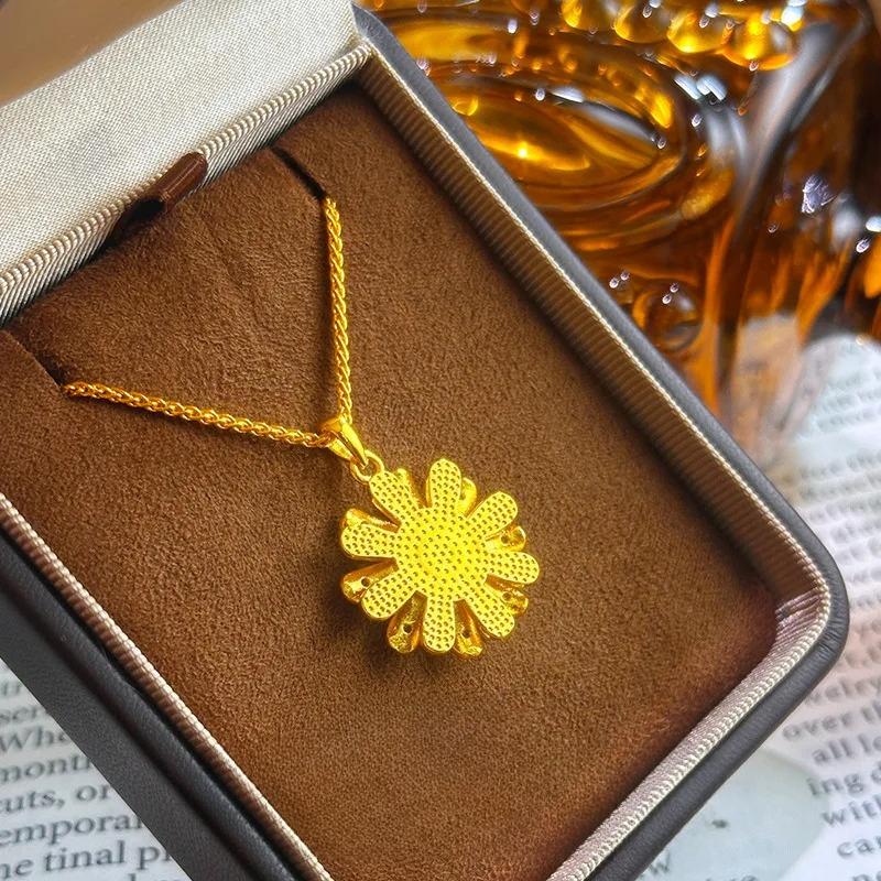 Luxury Pure Gold Real Gold Women's Ice Crushed Double Layer Sunflower Daisy Salkin Pendant Clavicle Chain
