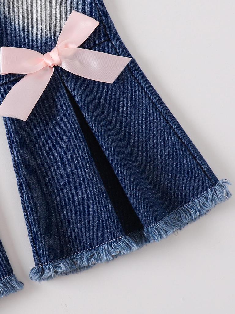Girls' INS Style Pink Bow Sweatshirt & Denim Flared Pants Set