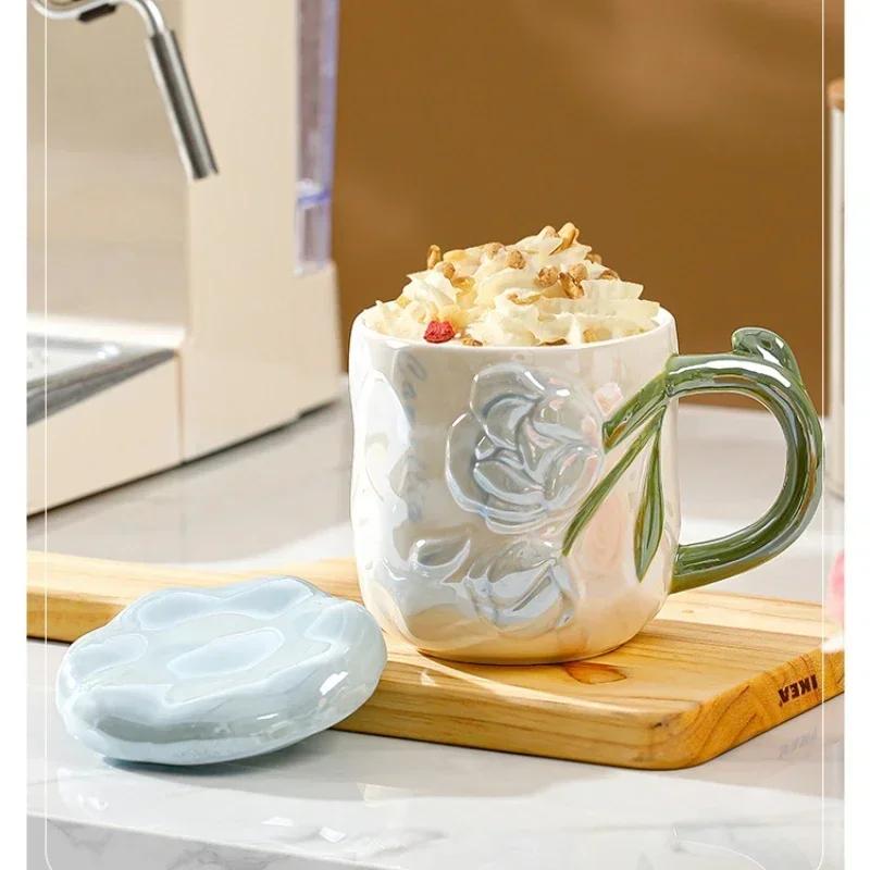Ceramic Mug Relief Rose Flower Coffee Milk Cup Tea Cup Ins Style Hand-painted Design Couple Girl Romantic Drinkware Mug Gift