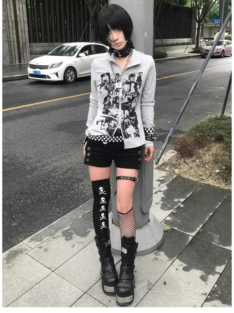 Jinliang Women's Ribbed Velvet Retro Punk Zip-Up Cardigan