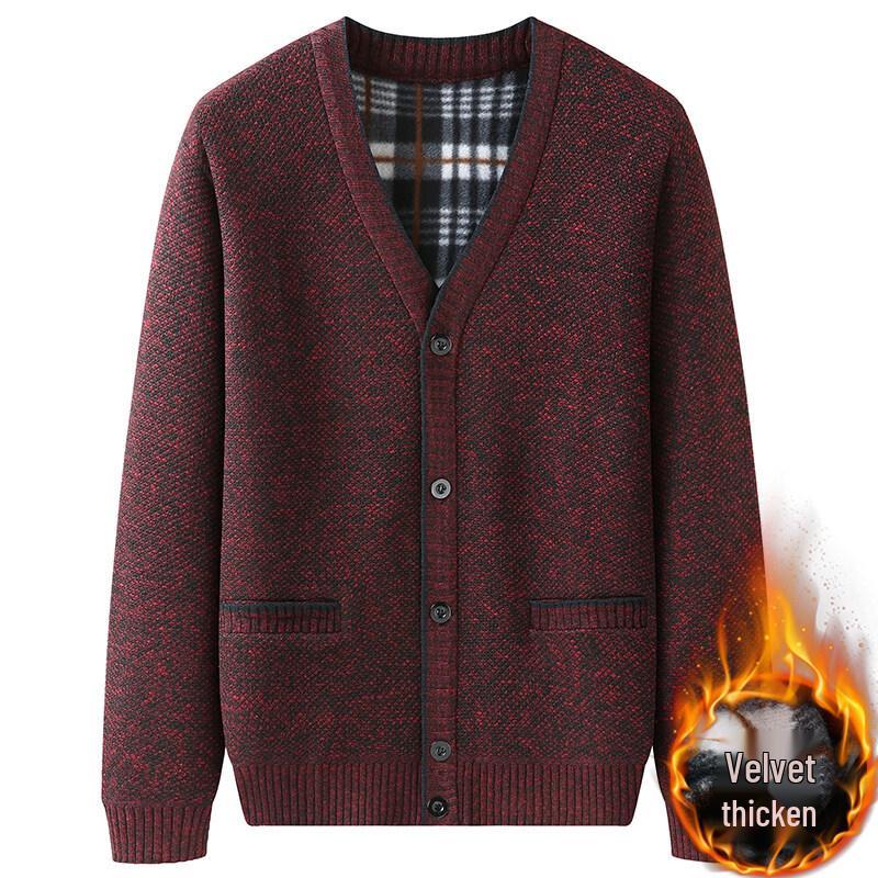 Men's Grey Plus Velvet Cardigan Sweater - Autumn/Winter Warm Knitwear for Middle-aged and Elderly