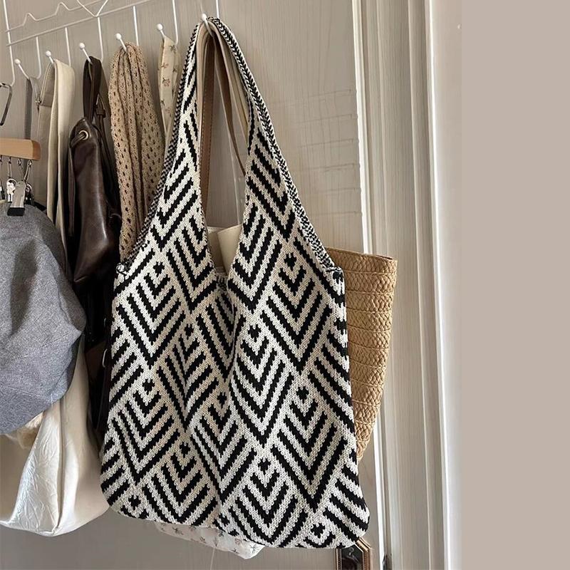 

Модная геометрическая контрастная цветная вязаная вручную сумка-тоут женская минималистичная большой вместимости вязаная крючком сумка через плечо 39x67cm чёрный/белый