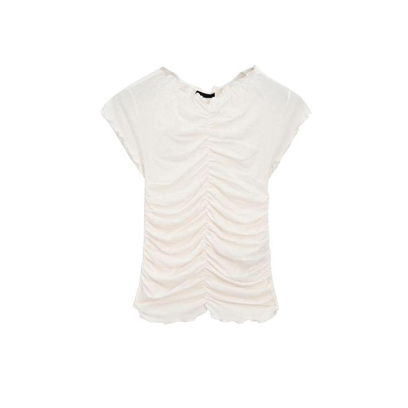 MD Summer New Arrival Women's Clothing Normcore Stylish Pleated Cotton Ruffle V-neck Flounced Sleeve T-shirt 6825207