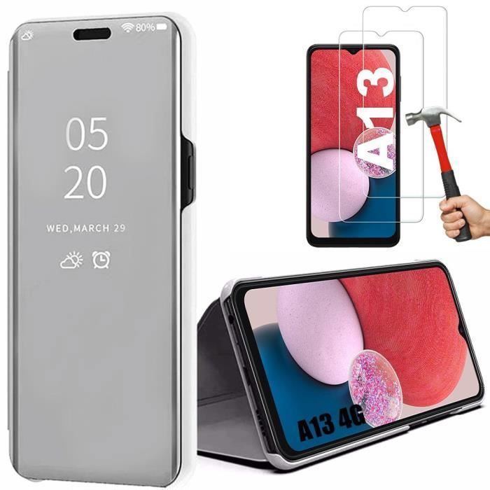 Coque de protection pour Samsung Galaxy A13 - BOOLING - Effet Miroir Antichoc Argenté - 2 Verres Trempés inclus