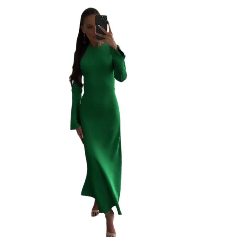 2024 Autumn European & American Solid Color Round Neck Slimming Long Sleeve Bodycon Dress for Women
