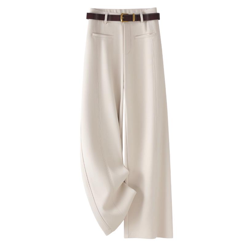 

Women s 2024 Beige Wool Straight-Leg Pants: Autumn/Winter Loose Wide-Leg, Soft & Drapey Casual Long Pants M
