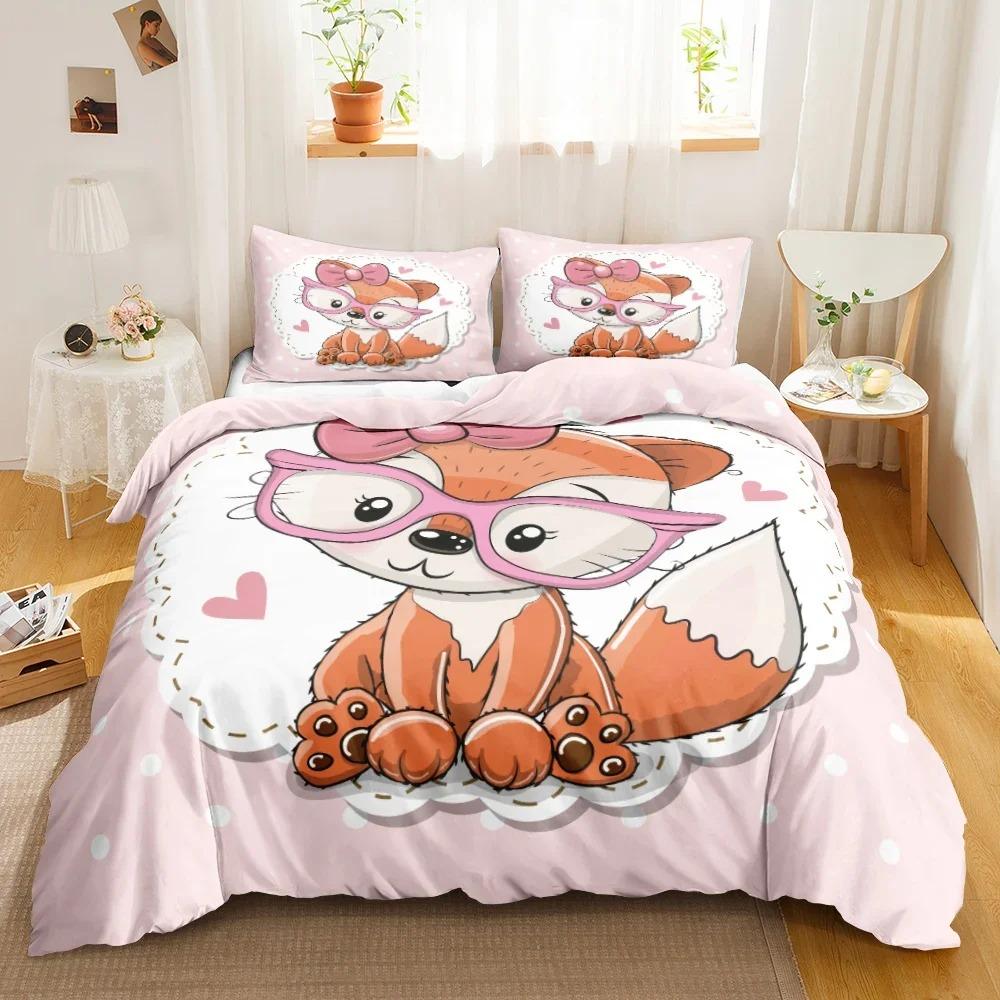 Cartoon Fuchs Bettwäsche Set Niedlicher Fuchs mit Blume Feder Stirnband Bettbezug Einzelbett Doppelbett Queen-Size King-Size Polyester Bettbezug Mädchen Jungen