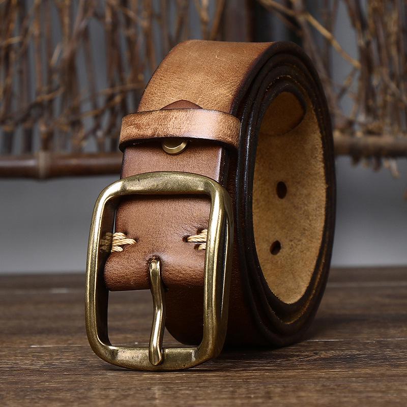 3.8CM Men's Retro Distressed Leather Belt, Genuine Leather Pin Buckle, Top Layer Cowhide, Casual Korean Style for Jeans.