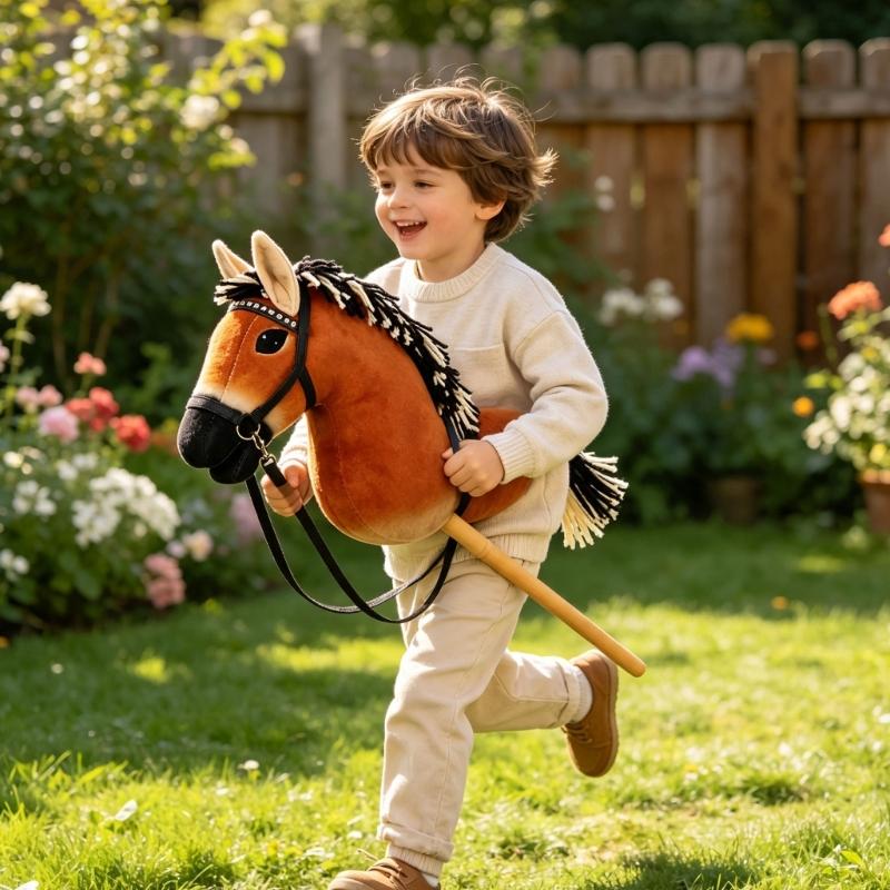Horse Head Stick Toy Plush Brown Costume Prop with Handheld Wooden Handle for Role Play, Stage Use, Party Play and Themed Photo Props