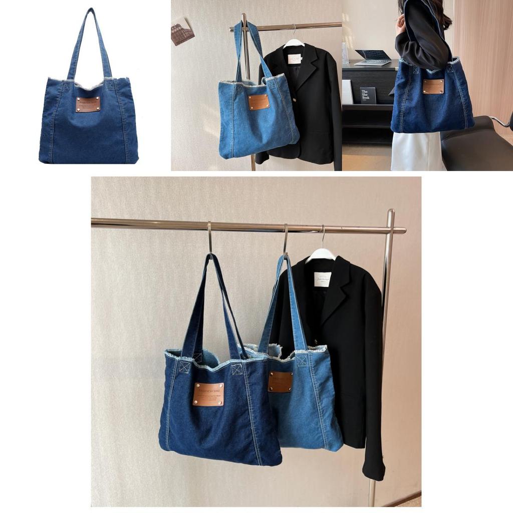 New Korean Style Denim Bag Women Harajuku Lazy Fashion Large Capacity Shoulder Bag Japanese Casual College Student Backpack Street Trend Deep Blue