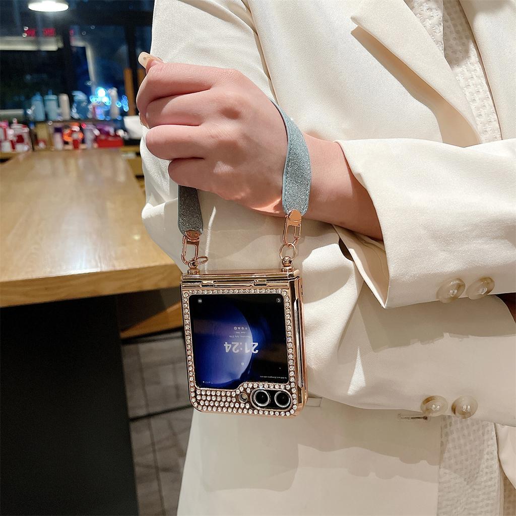 For Samsung Galaxy Z Flip5 5G/Z Flip6 5G Case Hinge Protection Hard PC Glitter Phone Cover with Wrist Strap