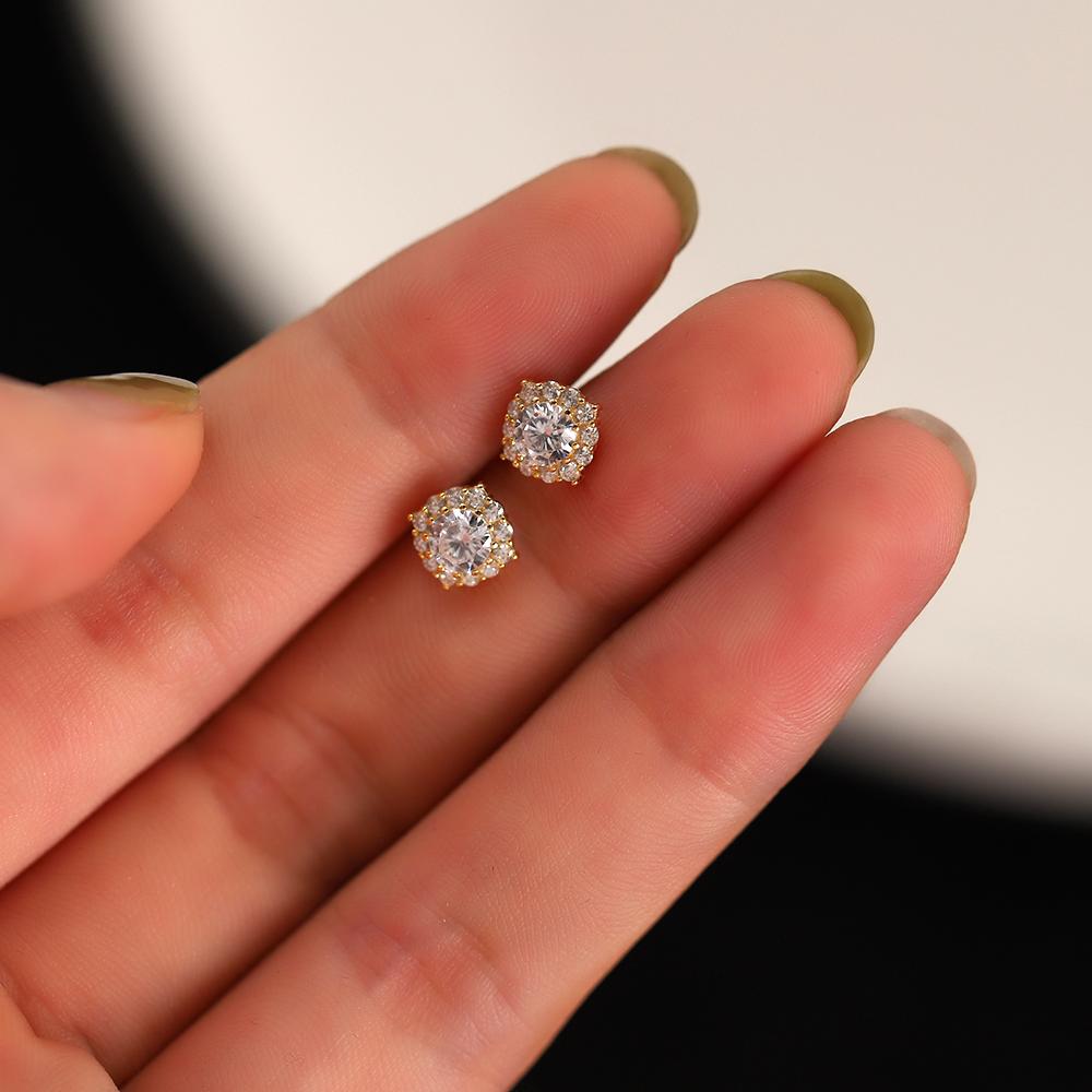 Pendientes de botón de girasol con cristales pavé simples estilo francés de plata de ley 925 para mujer, brillantes, clásicos, regalo de joyería para bodas y fiestas