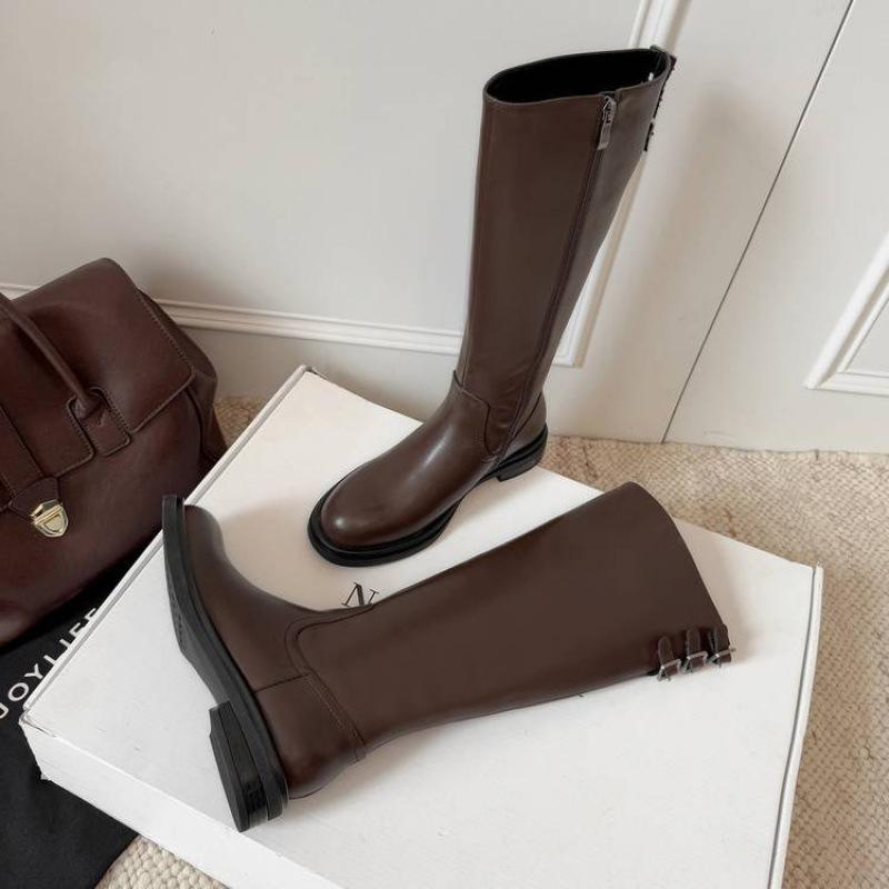 Versatile medium heel large size women's boots leather knight boots comfortable thick-soled cowhide tall boots autumn and winter round head lea