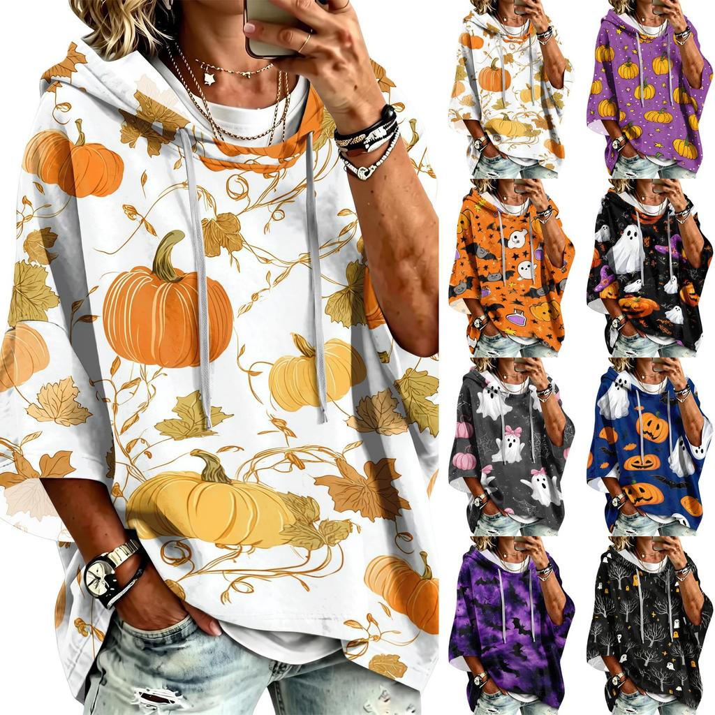 Women's 3/4 Sleeve Hooded Pullover Top with Halloween Print