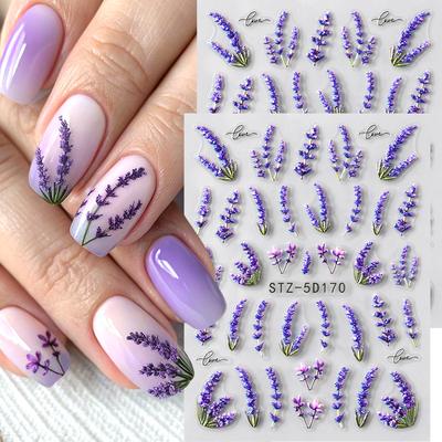 2 stuks Paarse Lavendelbloem Nagelsickers 5D Bloemenblad Lieveheersbeestje Bij Nagelstickers Lente Zomer Nagelsliders Nail Art Decoraties