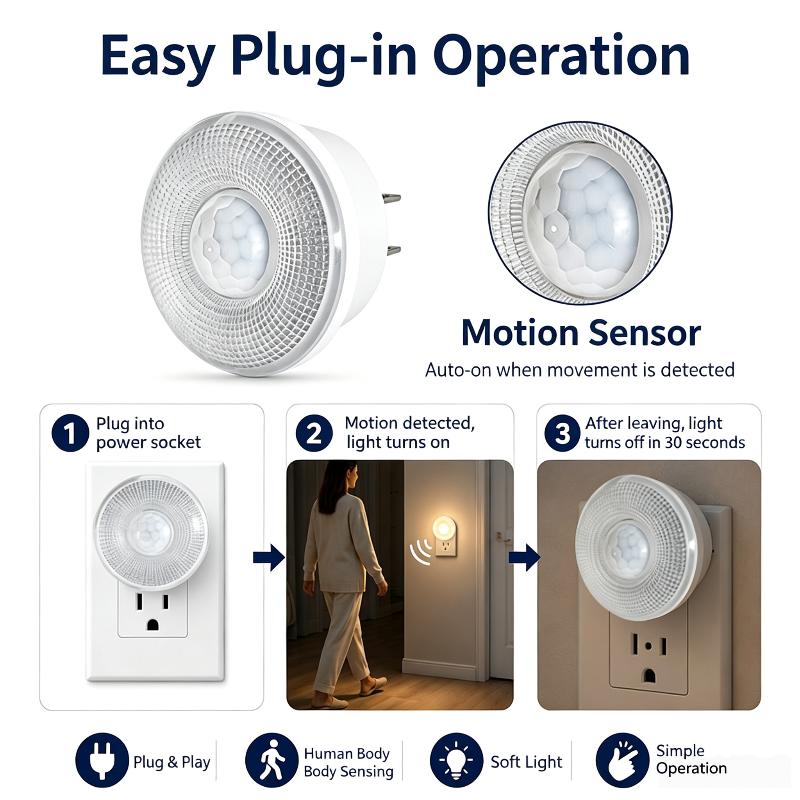 3W Plug-In Motion-Sensor Night Light Soft Light Energy-Saving Suitable For Bedrooms Bathrooms Hallways Warm Light White Light