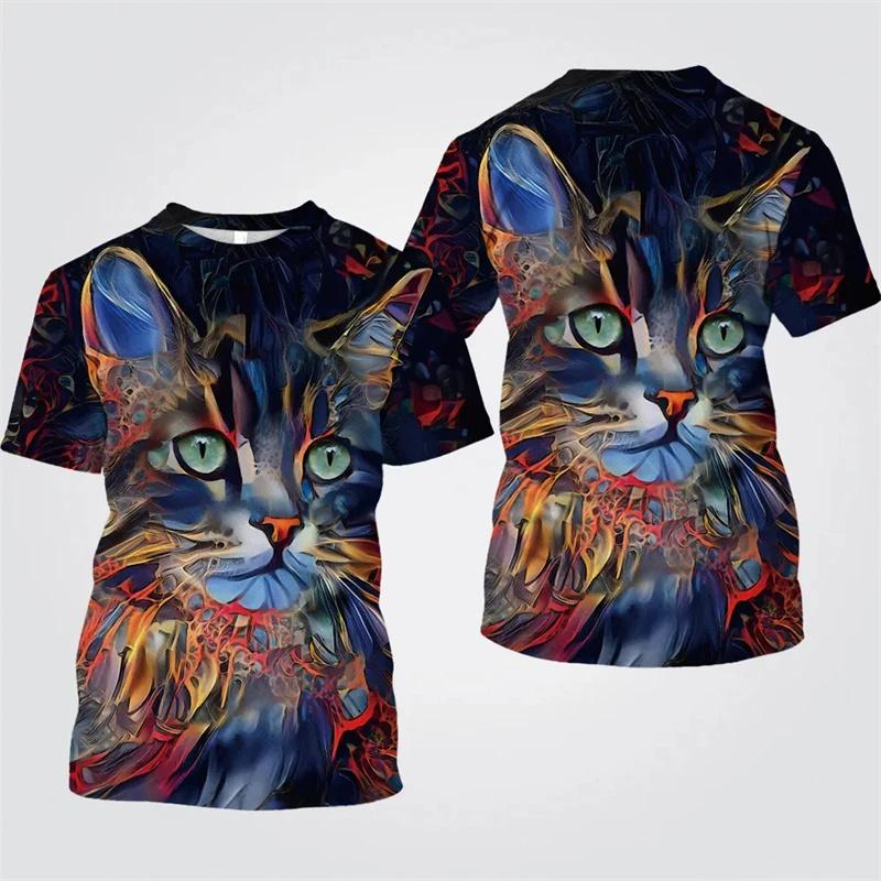 Colorful Cat Graphic T Shirt for Men Animal 3D Printed T-Shirts Summer Casual Fashion Loose Round Neck Oversize Tees Tops