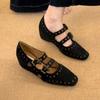 Women's Inside Heightened Single Shoes Autumn New Square Toe Shallow Rivet Metal Buckle Soft Sole Low Heel Shoes
