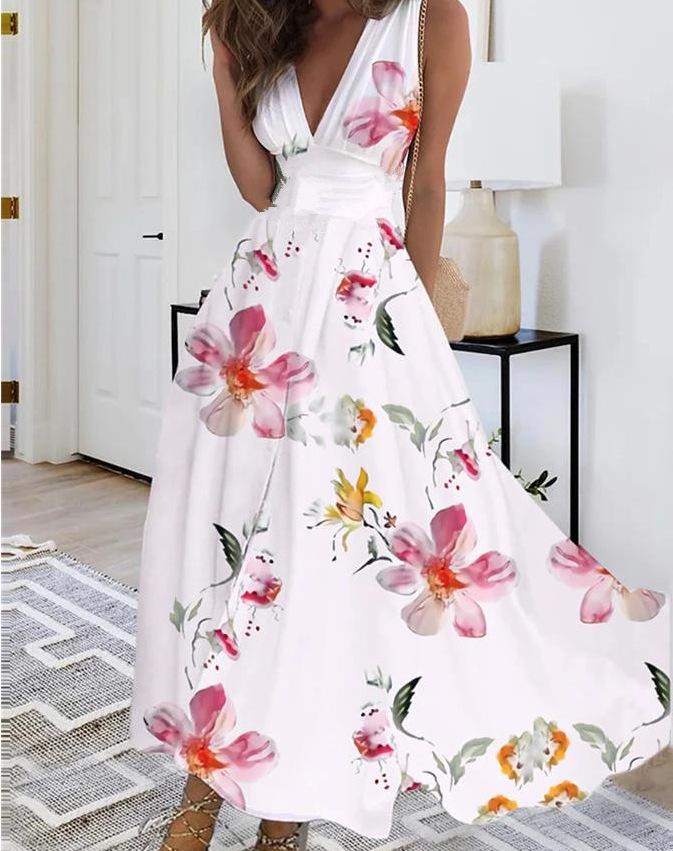 2023 Women's Summer V-Neck High Waist Sleeveless Printed Dress