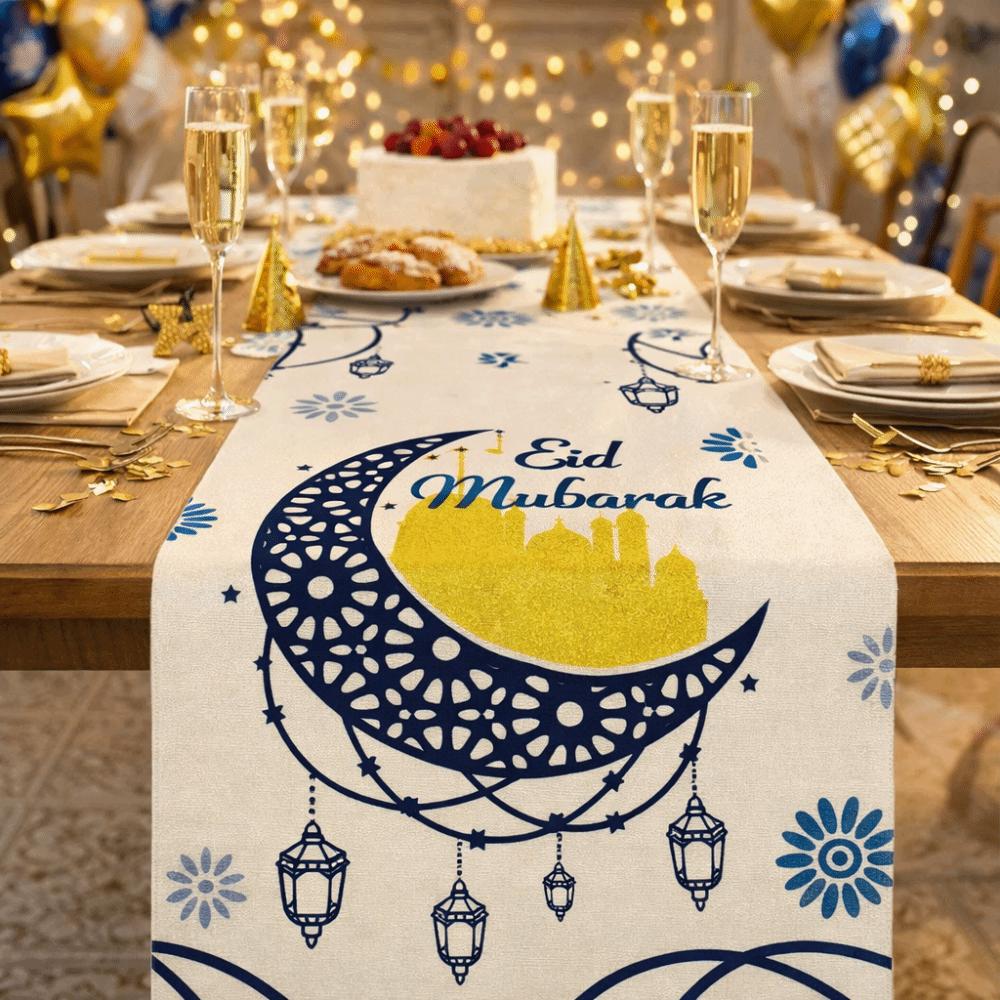 Thickened Ramadan Table Runner Vintage Decorative Star Moon Tablecloth Castle Lantern Pattern Islamic Table Runner