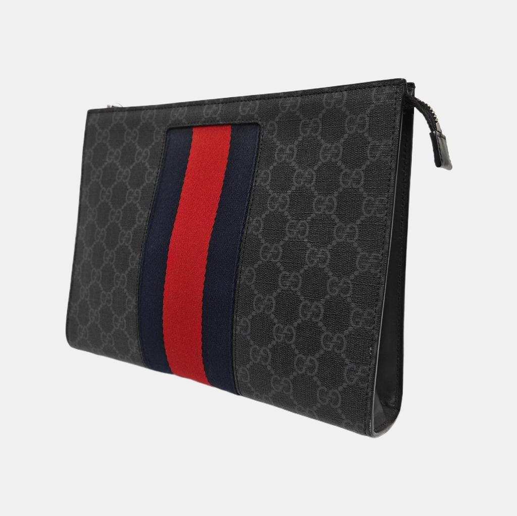 [Pre-Owned] Signature Logo Stripe Web Zipper Canvas Clutch - Very Good #XN4RTF