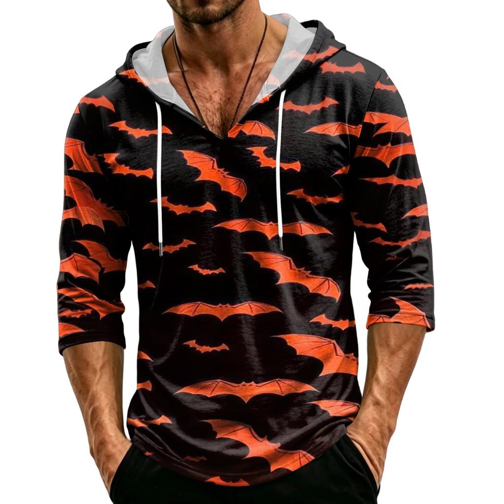 Men's Loose Fit Casual Hoodie Three Quarter Sleeve Pullover Halloween Themed Graphic Print Lightweight Top