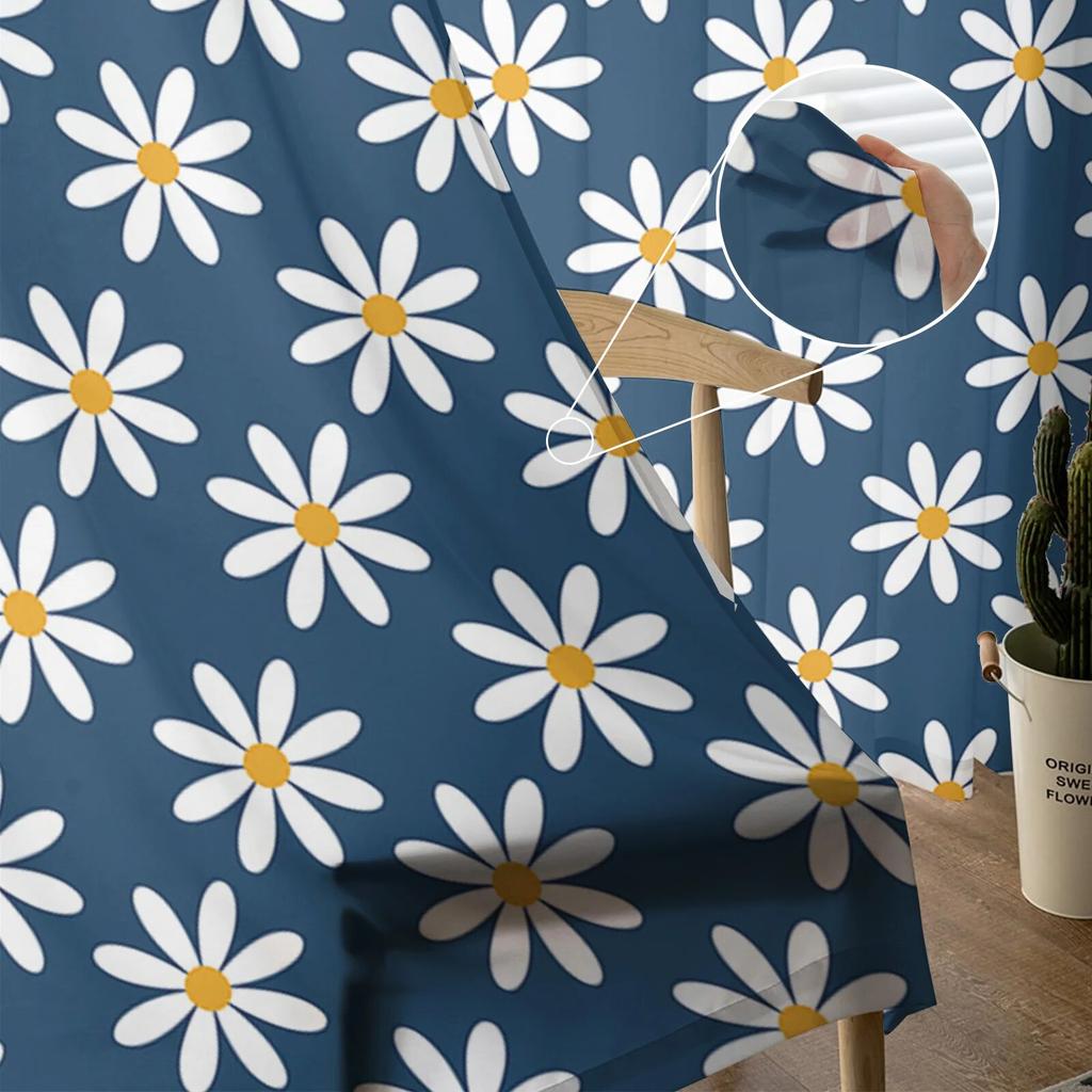 Blue Background Daisy Tulle Curtains Living Room Kitchen Chiffon Curtain Bedroom Balcony Sheer Curtain Fashion Home Decor